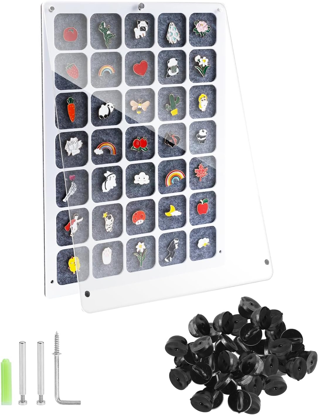 UCEC 35 Grids Clear Acrylic Pin Display Board & 50 PCS Rubber Pin Clutches, Enamel Pin Collection Display Case for Pin Holder, Badge Brooch Pins Organizer Board, Dust-Free Wall & Table Holder Display