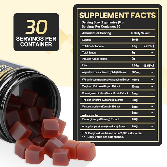 Pure Himalayan Shilajit Gummies with Ashwagandha - Fulvic Acid & 85+ Trace Minerals - No Added Sugar - Shilajit for Men & Women - 60 Gummy
