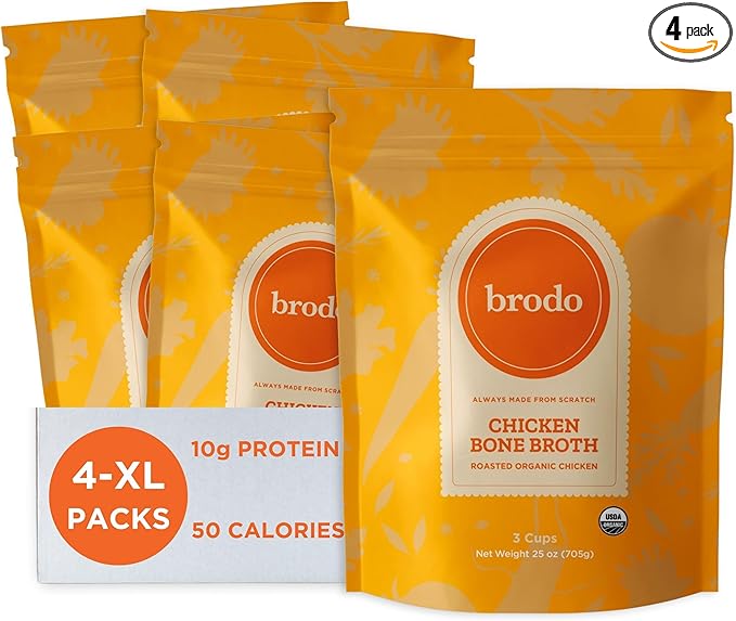 Brodo Organic Chicken Bone Broth, Protein-Rich Bone Broth with Collagen, Nourishing Chicken Broth Low Sodium for Sipping and Cooking, Slow-Simmered for Deep Flavor, (4x 25 oz. Pouches)