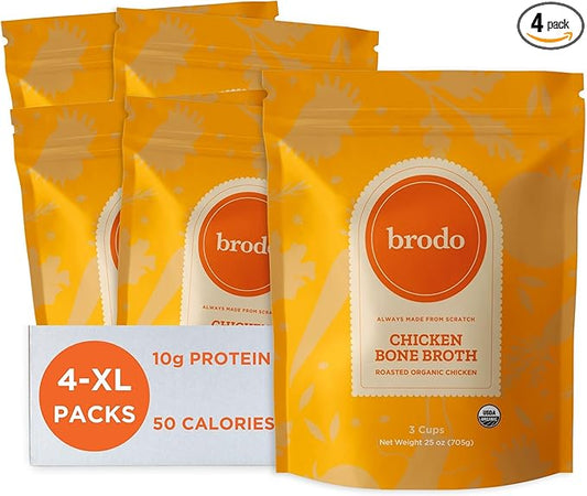 Brodo Organic Chicken Bone Broth, Protein-Rich Bone Broth with Collagen, Nourishing Chicken Broth Low Sodium for Sipping and Cooking, Slow-Simmered for Deep Flavor, (4x 25 oz. Pouches)