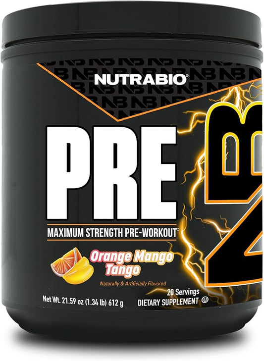NutraBio PRE Workout Powder - New Formula- Sustained Energy, Mental Focus, Endurance - Beta Alanine, Caffeine, Electrolytes - 20 Servings - Orange Mango Tango