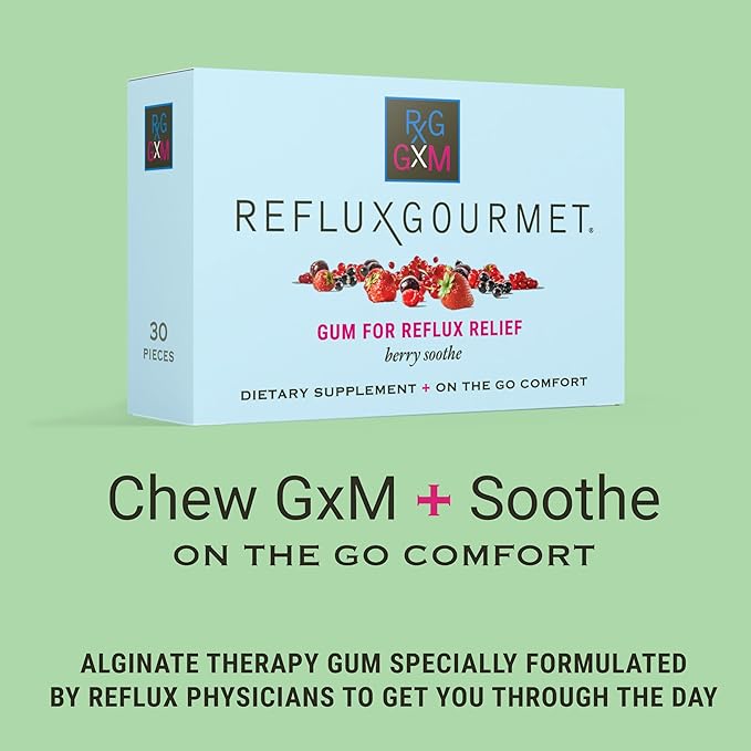 Reflux Gourmet Berry Soothe Gum Alginate Therapy Sodium Bicarbonate Gum for Acid Reflux, Oral, Cognitive, and Digestive Support, Natural with Ginger, Celeriac and Aloe, Sugar Free, Gluten Free, Vegan