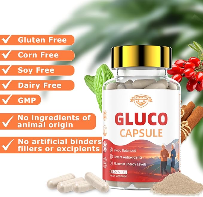 Gluco Blood Balance Capsule - Natural Healthy Glucoplus Supplement Gluco Revive Capsules for Support Metabolism Antioxidants and Maintain Energy with Berberine Bitter Melon Cinnamon (60 Capsules)