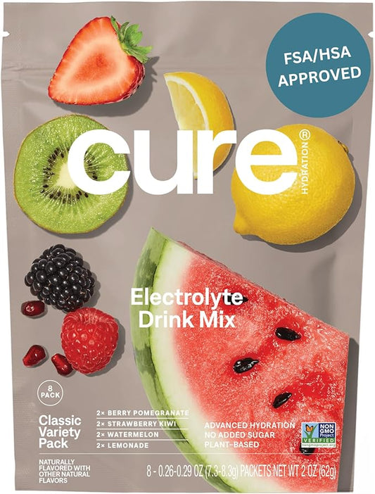 Cure Hydration | Plant-Based Electrolyte Drink Mix | No Added Sugar | Dehydration Relief Powder Made with Coconut Water | Non-GMO | Vegan | 8 Packets - Variety Pack