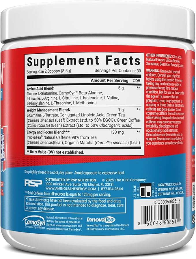 AminoLean x ICEE Pre Workout Powder, Amino Energy with Natural Caffeine from Green Tea, Vegan BCAA Amino Acids, Cherry, 30 Servings