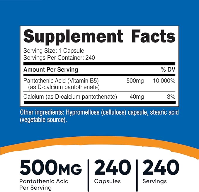 Nutricost Pantothenic Acid (Vitamin B5) 500mg, 240 Capsules (2 Bottles)