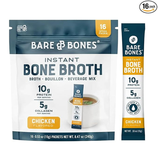 Bare Bones Chicken Bone Broth Instant Powdered Mix | Rich Savory Packets on-the-Go No Artificial Flavors | Keto & Paleo Friendly | 10g Protein | 16 Pack