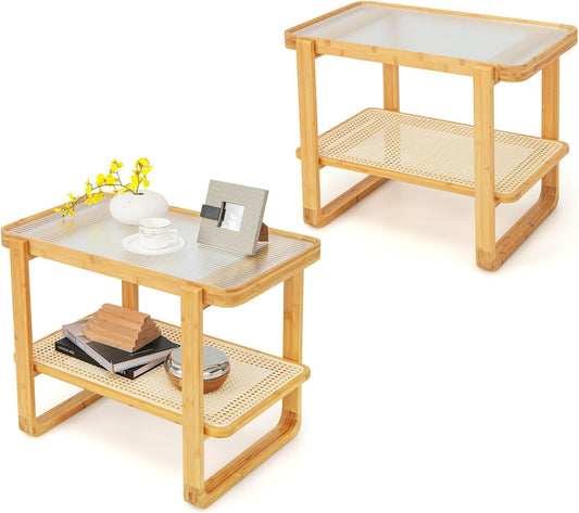 GOFLAME Bamboo Side Table Set of 2 with Glass Top, 2-Tier End Table with PE Rattan Shelf, Ideal for Bedroom, Living Room