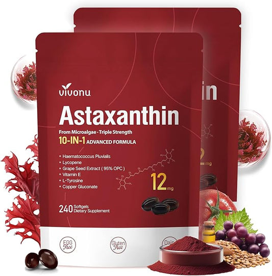 Astaxanthin 12mg, 480 Softgels, Fresh Haematococcus Pluvialis 10 in 1 Astaxanthin Antioxidant Supplements, Contains Lycopene, Grape Seed, Vitamin E, & More Supports Eye, Joints, Skin Health, 2 Bag