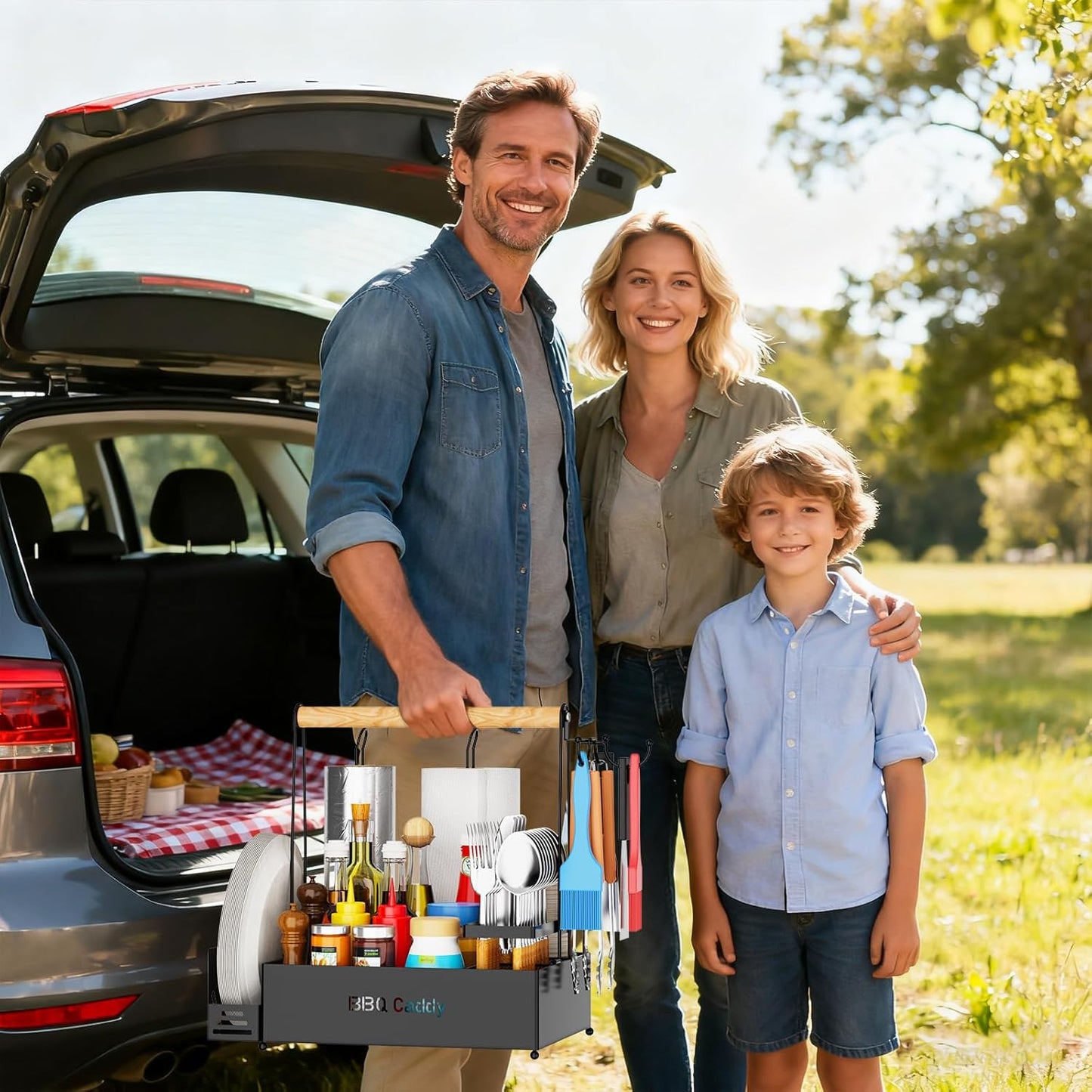 Grill Caddy, BBQ for Outdoor Grill with 2 Paper Towel Holders, Picnic BBQ Condiment Utensil Organizer Caddy for Outdoor Cooking, Rv, Camping Essential, Camper Must Haves,Gifts for Men