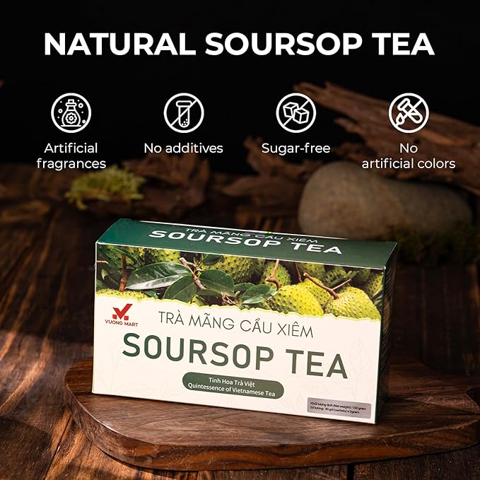 VUONGMART Dried Soursop Leaf Tea, 100% Pure & Hand Pick, Organic Herbal Tea, 30 Count, Gluten Free, Dairy Free, No Sugar Added, Energy Boost & Health Support