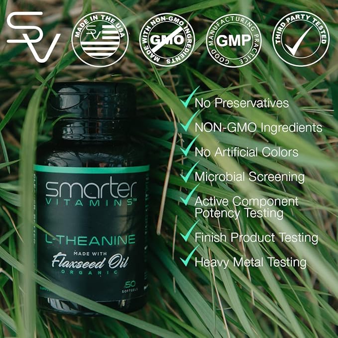 Smarter L-Theanine 250mg Supplement, in Non-GMO Flaxseed Oil, 50 Liquid Softgels