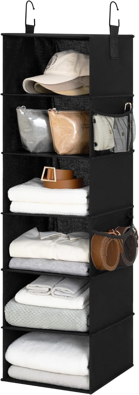 StorageWorks 6-Shelf Hanging Closet Organizers, Foldable Closet Storage Organizer with 2 Side Pockets, Portable Hanging Shelves for Wardrobe, Kid's Rooms, Dorms, RVs, 12" D x 12" W x 47 1⁄2" H, Black