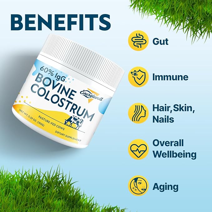 Bovine Colostrum Supplement Powder - 60% IgG 3000 mg for Gut, Hair Growth, Beauty, and Immune, Easy to Mix, Unflavored (50 Servings)