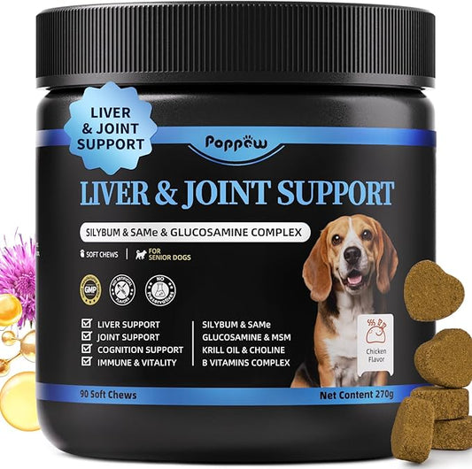 Liver Health Supplement for Senior Dogs - Joint Health Support with Silybum Marianum, SAMe, Krill Oil, Glucosamine, B Vitamins Complex, MSM, Choline for Old Dogs, Chicken Flavor - 90 Soft Chews