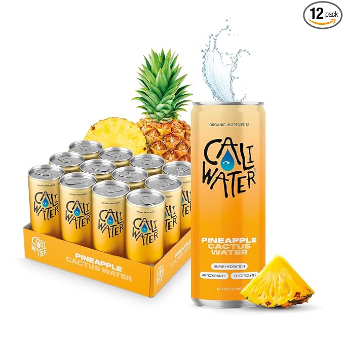 Caliwater - Organic Cactus Water - Pineapple - 5g Sugar, 35 Calories - Coconut Water Alternative - Natural Plant Based Hydration - Skin Care, Electrolyte Drinks - Flavored Water Beverages - 12 Cans