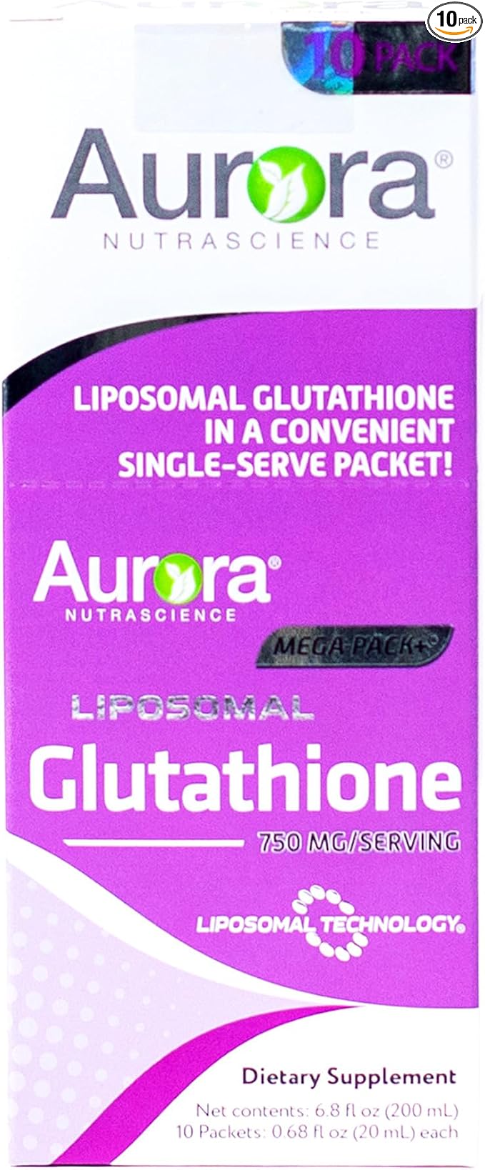 Aurora Nutrascience Mega-Liposomal Liquid Glutathione, Immune & Antioxidant Gut Health Support Supplement, 750 mg per Serving, Non-GMO, Sugar-Free, 10 Single Serve Packets