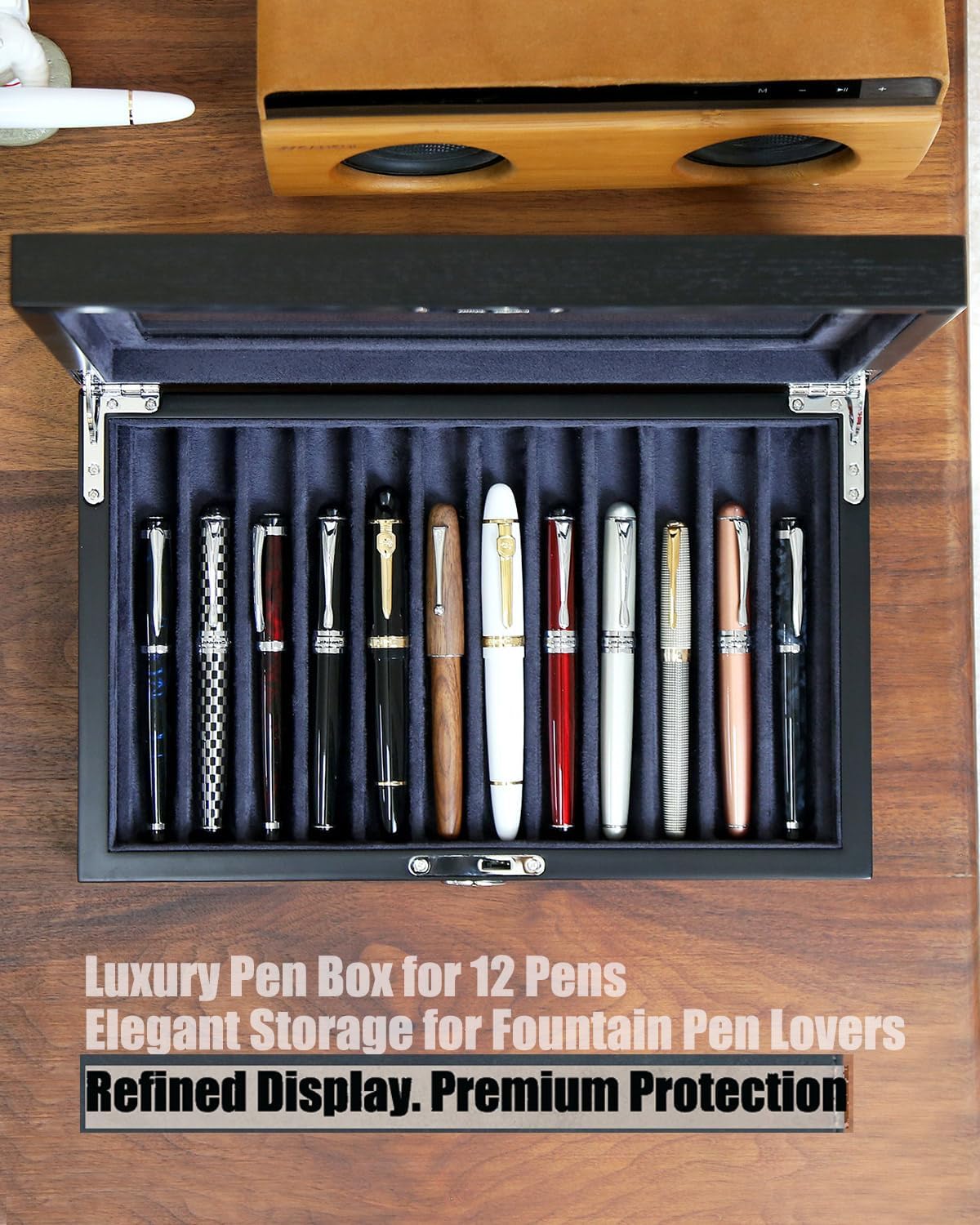 Wooden Pen Display Case – 12 Slot Lockable Fountain Pen Storage Box, Black Collectors Display with Glass Top, Gift for Men