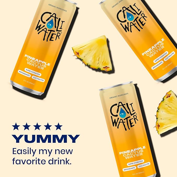 Caliwater - Organic Cactus Water - Pineapple - 5g Sugar, 35 Calories - Coconut Water Alternative - Natural Plant Based Hydration - Skin Care, Electrolyte Drinks - Flavored Water Beverages - 12 Cans