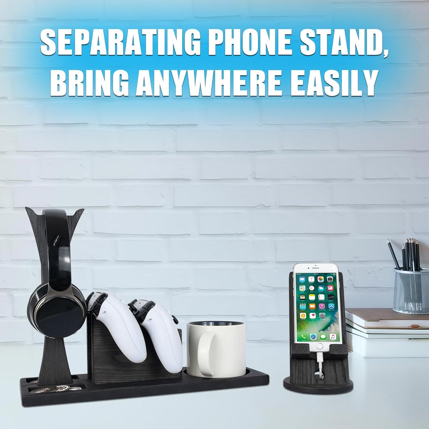 Unique Gift for Gamers, Game Room Decor. Unique Gaming Organizer with Headset Holder, Rotatable Phone Stand & Controller Stand. Wooden Gaming Gadget for Gaming Desktop, Streamer, Teenage Boy