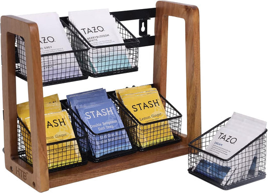 HTB 2 Tier Tea Organizer for Tea Bags, Tea Bag Holder with Acacia Wood Stand and 6 Removable Metal Basket for Sugar Packets, Sweeteners, Creamers for Cabinet, Countertop or Wall-mounted
