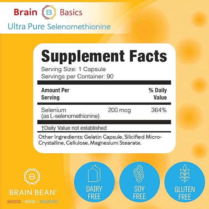 Brain Basics Ultra-Pure Selenomethionine - Proper Thyroid Function and Immune System Support - 200 mcg Most Bioavailable Selenium - 90 Servings