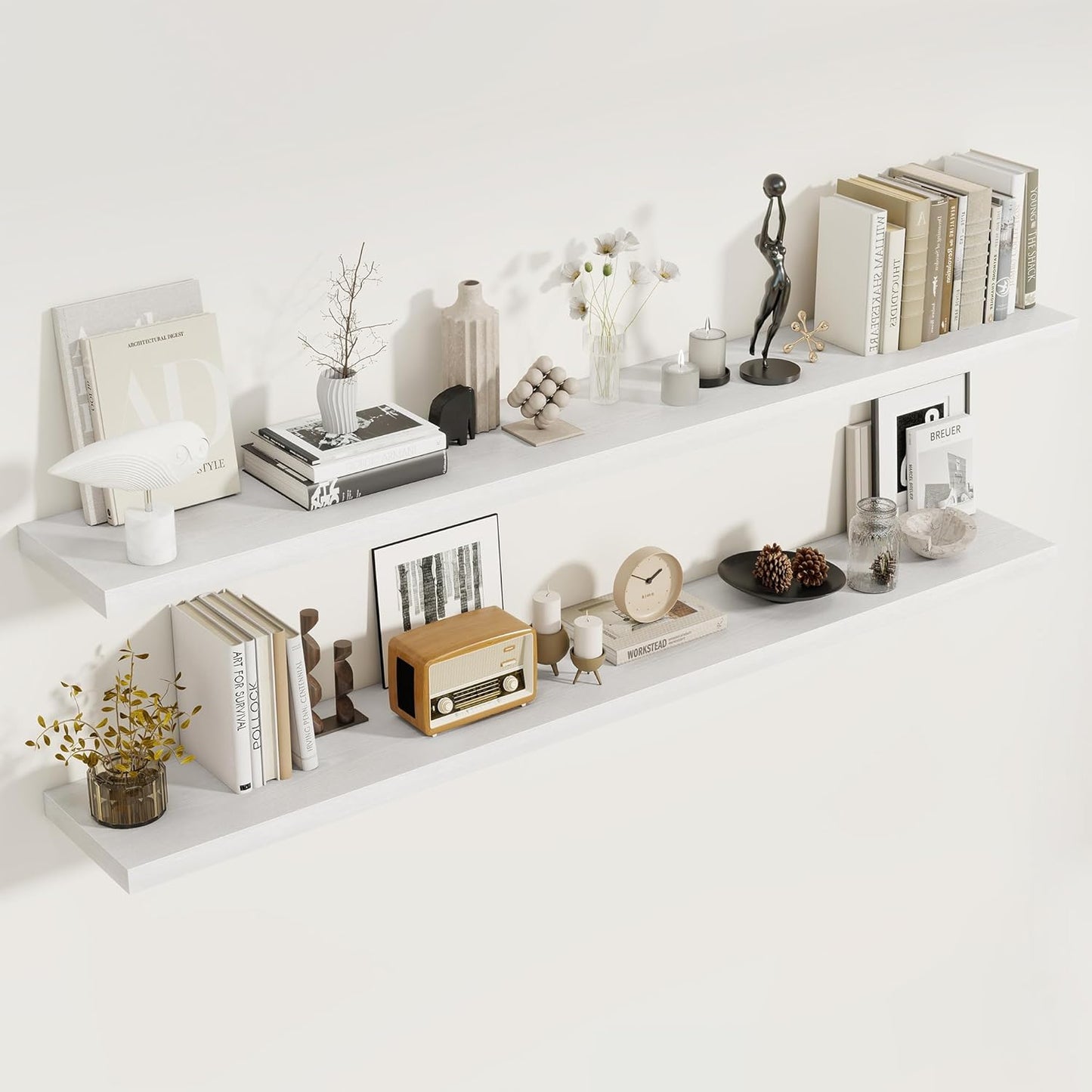 72 Inch Floating Shelves 2 Pack, 8 Inch Deep Floating Shelf Wall Mounted, Large Shelves with Invisible Bracket for Books|Storage, Rustic Wood Wall Shelf for Bedroom, Kitchen, Living Room, White