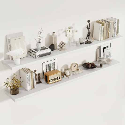 72 Inch Floating Shelves 2 Pack, 8 Inch Deep Floating Shelf Wall Mounted, Large Shelves with Invisible Bracket for Books|Storage, Rustic Wood Wall Shelf for Bedroom, Kitchen, Living Room, White