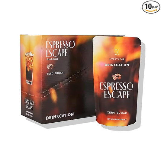 EVERYDAZE Drinkcation Zero Sugar Espresso Escape, Ready to Drink Liquid Coffee | Korean Convenience Store Drink | Medium Roast, Unsweetened, 7.8 fl oz Pouches x (10 Pack), Colombian Bean, Low Calorie