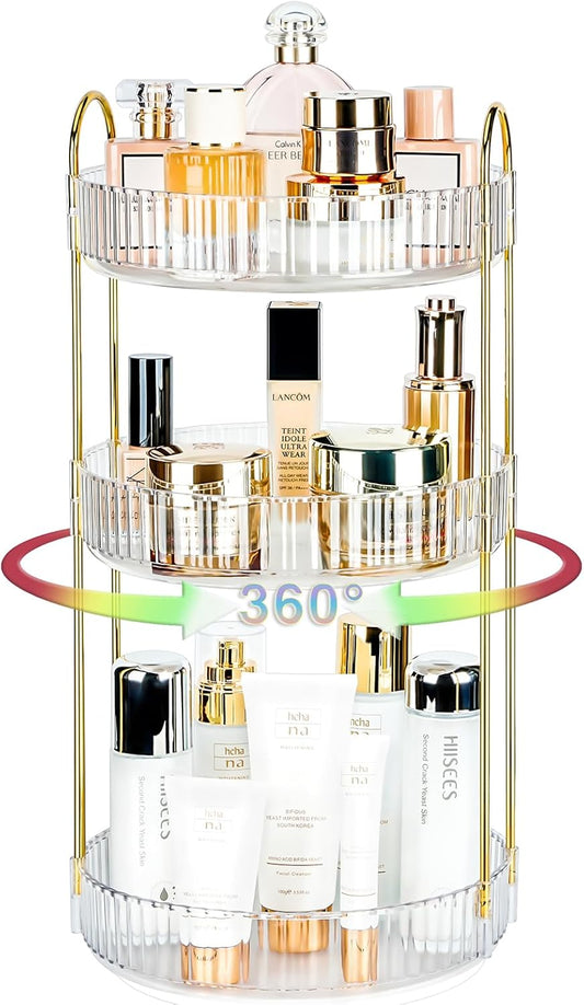 360 Rotating Makeup Organizer - Large Capacity Spinning Perfume & Cosmetic Skincare Holder for Countertop (Pearl White, 3 Tier)