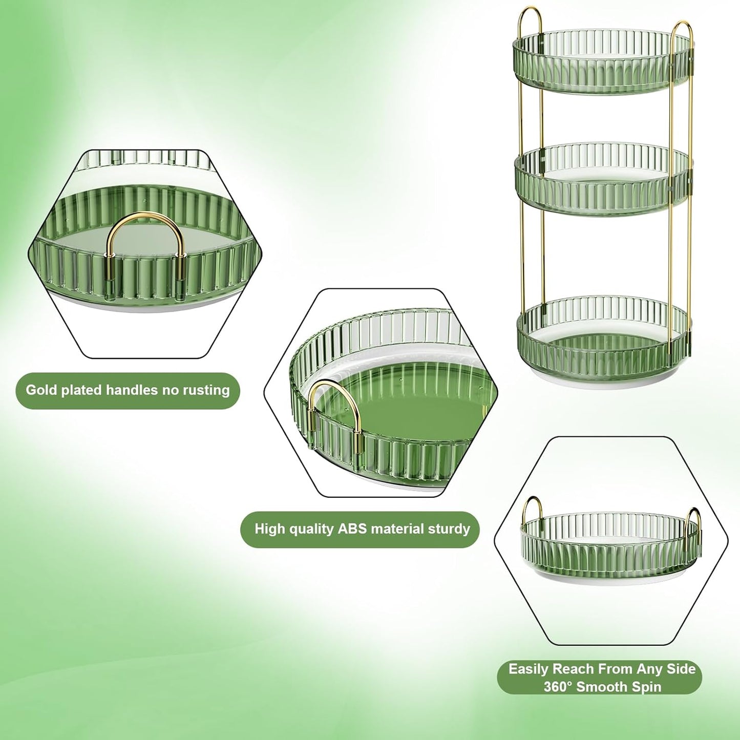GTI 360°Rotating Makeup Organizer, 3 Tier Large Capacity Perfume Cosmetics Skincare Vanity Organizers,Bathroom Counter Organizer, Dresser Spinning Countertop Organizer and Storage for Women (Green)