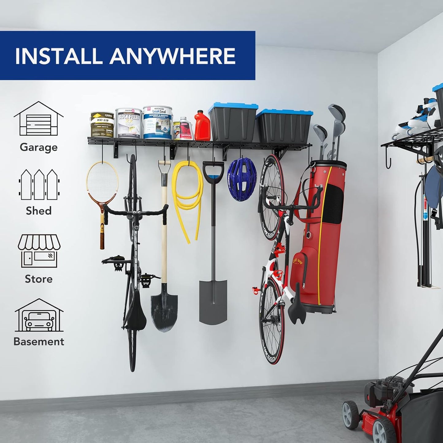 FLEXIMOUNTS Garage Wall Shelving, 2-Pack 1x3 ft, Includes 8 Bike Hooks, Wall Shelf Garage Organization System w/Bike Hangers, Storage Rack, Floating Shelves, 300 lbs Weight Capacity, Classic Series