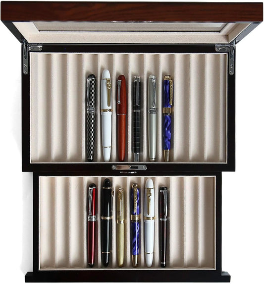 wood pen display case 24 slot Fountain pen Box storage Organizer with drawer, Top Glass Window Pen Collection Display Case