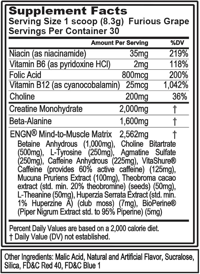 EVL Intense Pre Workout with Creatine - ENGN Energizing Pre Workout for Men Powder Drink for Lasting Energy Focus and Recovery - with Beta Alanine Caffeine and L Theanine - Furious Grape