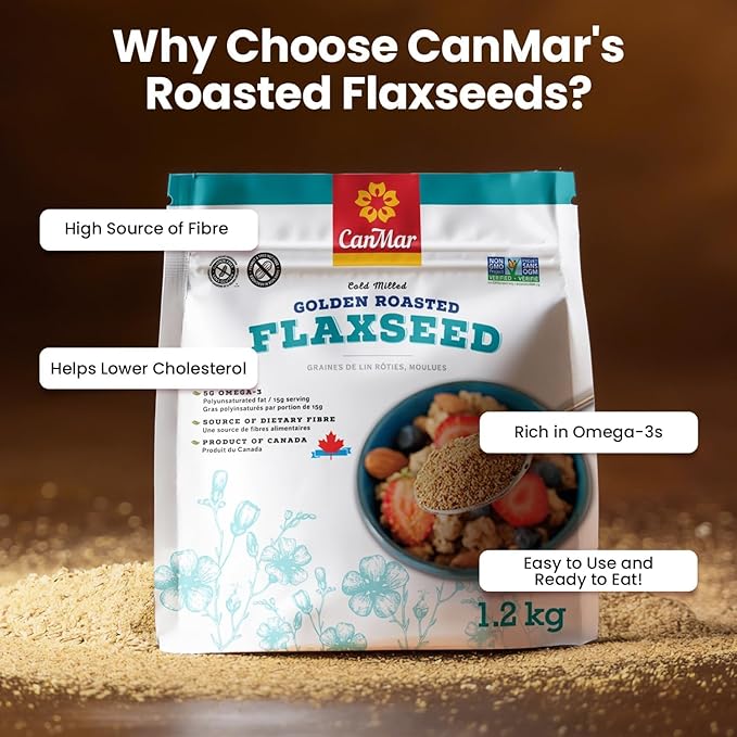 CanMar Ground Milled Golden Roasted Organic Flaxseed, 42 oz – Vegan, Non-GMO, Gluten Free – Flaxseed Meal with Omega-3, Fiber – Ground Organic Linseed Powder (42 oz)