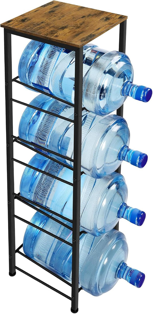 smusei Water Jug Holder Stand 5 Gallon Water Bottle Holder with Shelf, Heavy Duty 4-Tier Water Bottle Organizer Rack 5 Gallon Water Dispenser Stand for Home Office, Rustic Brown