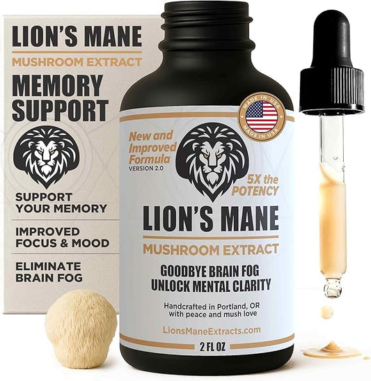 Lion's Mane Extract Mushroom Tincture - Focus, Memory & Clarity Support - 2 oz, Lion’s Mane Supplement Liquid Extract | Dual-Extracted from USA-Grown Fruiting Bodies, Mushroom Drops Nootropic