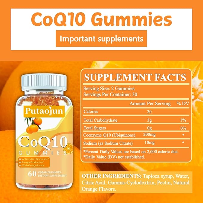 coq10 Gummies | coq10 Gummies for Adults | Orange Flavor | Sugar Free Coenzyme Q10 Vitamins Muscle & Bone Energy | Ultra High Absorption, Cellular Energy, Antioxidant (120 Count (Pack of 2))