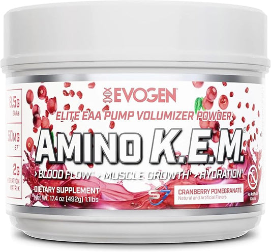 Evogen Amino K.E.M. - EAA & BCAA Powder Pump Volumizer | BCAAs Amino Acids Supplement for Blood Flow, Muscle Growth, & Hydration | Cranberry Pomegranate | 30 Servings