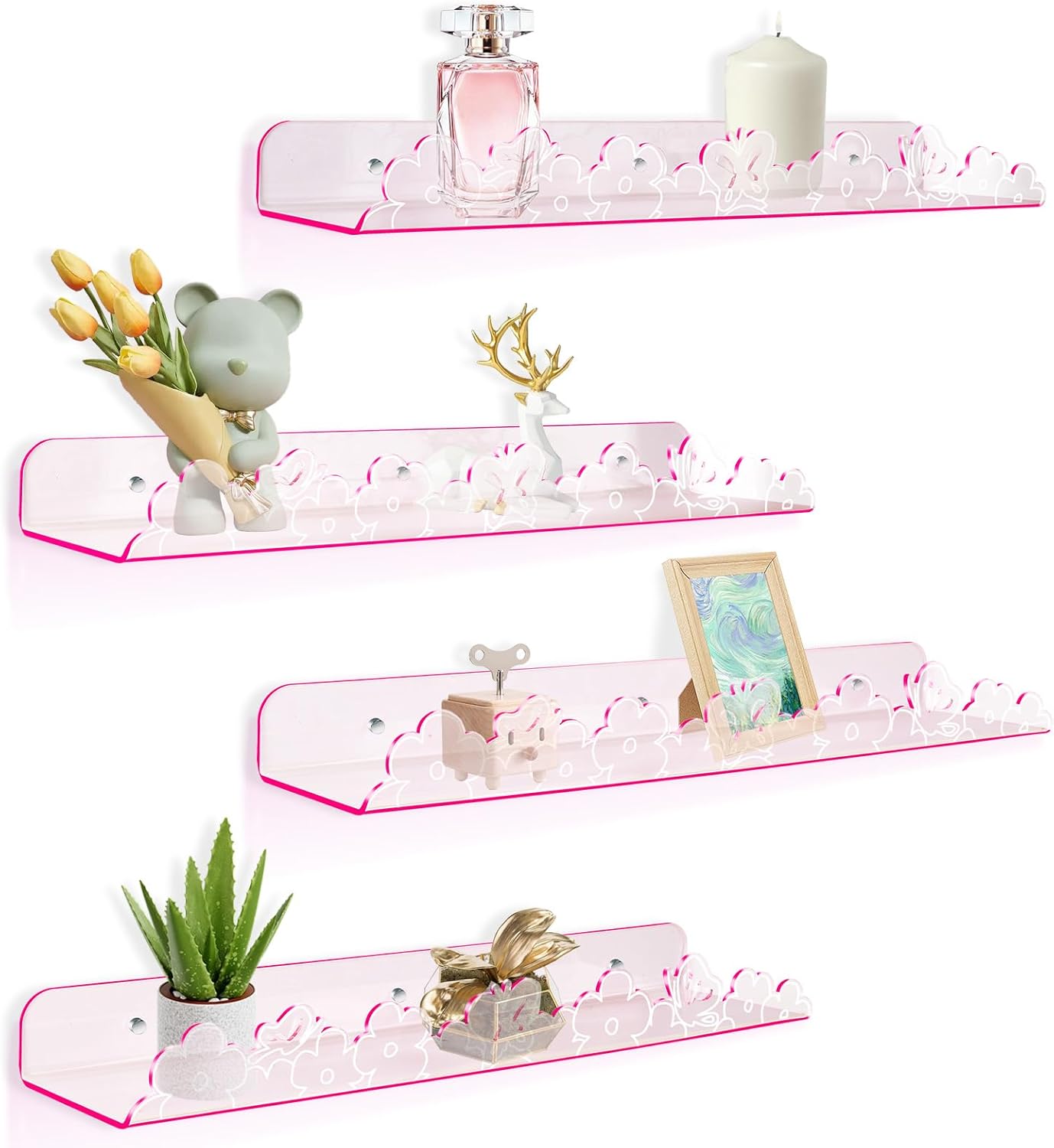 Floating Shelves for Wall,4 Pack 15.7’’x 3.5’’Adhesive Acrylic Shelves Organizer for Book Toy Photo Makeup,Wall-Mounted Kids Storage for Bathroom,Bedroom,Nursery,Pink Butterfly