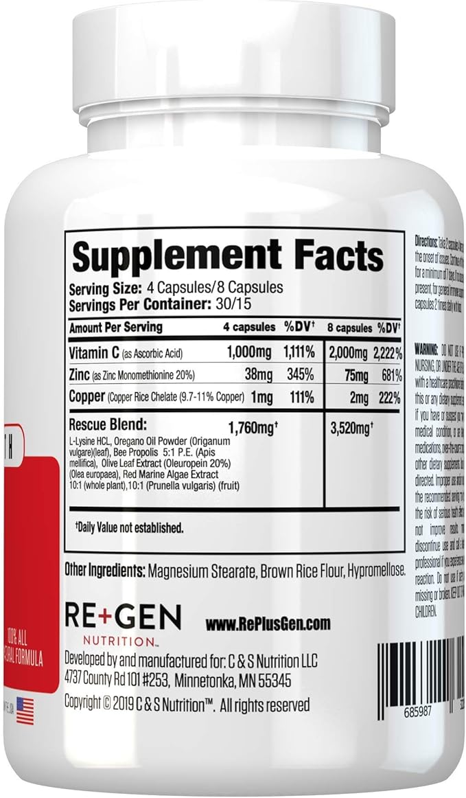 Re+Gen Nutrition H Rescue Immune Support Supplement for Adults, Capsules with Zinc, Vitamin C, L lysine Amino Acid & Oregano Oil for Immunity Health in Men & Women, 120 Capsules
