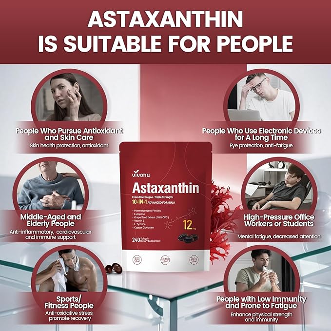 Astaxanthin 12mg, 480 Softgels, Fresh Haematococcus Pluvialis 10 in 1 Astaxanthin Antioxidant Supplements, Contains Lycopene, Grape Seed, Vitamin E, & More Supports Eye, Joints, Skin Health, 2 Bag