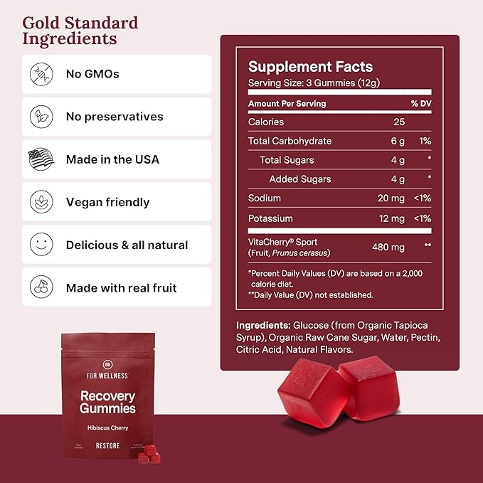 Recovery Gummies Restore - Tart Cherry Gummies for Muscle Recovery - Hibiscus Cherry Flavor with Antioxidants & Electrolytes Combats Soreness, Boosts Energy - Vegan, Non-GMO, Gluten-Free