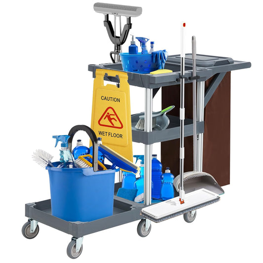 Commercial Janitorial Cleaning Cart on Wheels with Cover and Vinyl Bag, 3-Shelf Custodial Cart Housekeeping Carts for Hotels, Stores, Schools, and Business