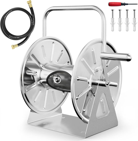 SPECILITE Stainless Steel Garden Hose Reel, Portable Outdoor Metal Wall Mount/Floor Spool, Holds 5/8 Inch 75ft Capacity, with 6ft Leader Water Pipe, UV Resistant Yard, Patio