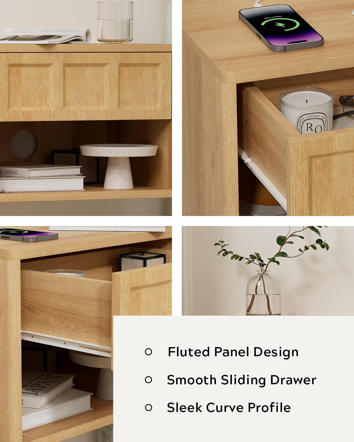 Farmhouse Floating nightstands Set of 4, Small Wall Mounted Storage Cabinet with Drawer Open Shelf, Wood Bedside End Table for Bedroom, Living Room, Natural Oak