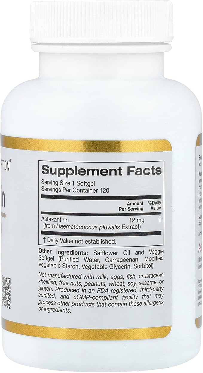 California Gold Nutrition Astaxanthin, Antioxidant Carotenoid, AstaLif Pure Icelandic Biologically Active 99% Isomer, 12 mg, 120 Veggie Softgels