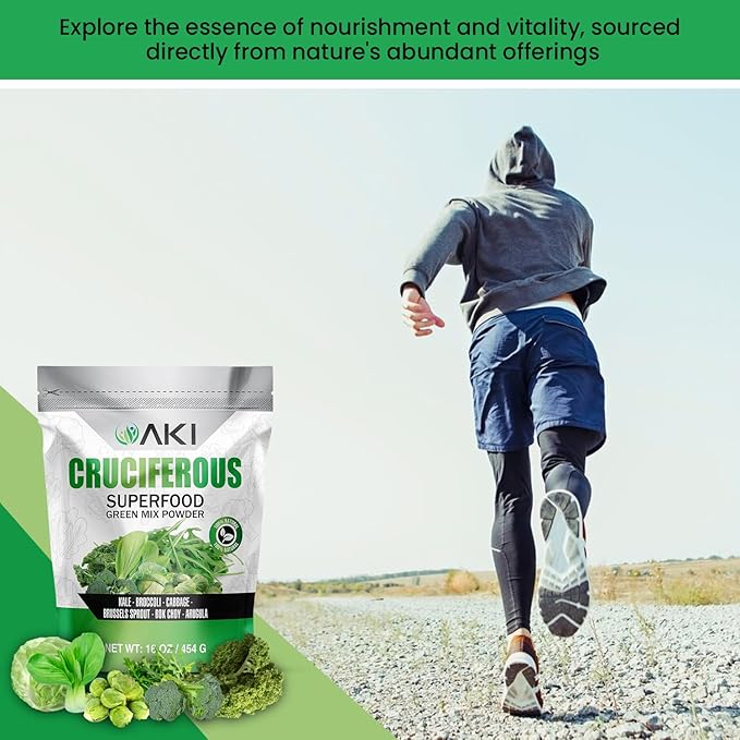 AKI Cruciferous Superfood Green Mix Powder - Made from Kale, Broccoli, Brussels Sprouts, Cabbage - Packed with Essential Phytonutrients & Vitamins ((16oz/454g))