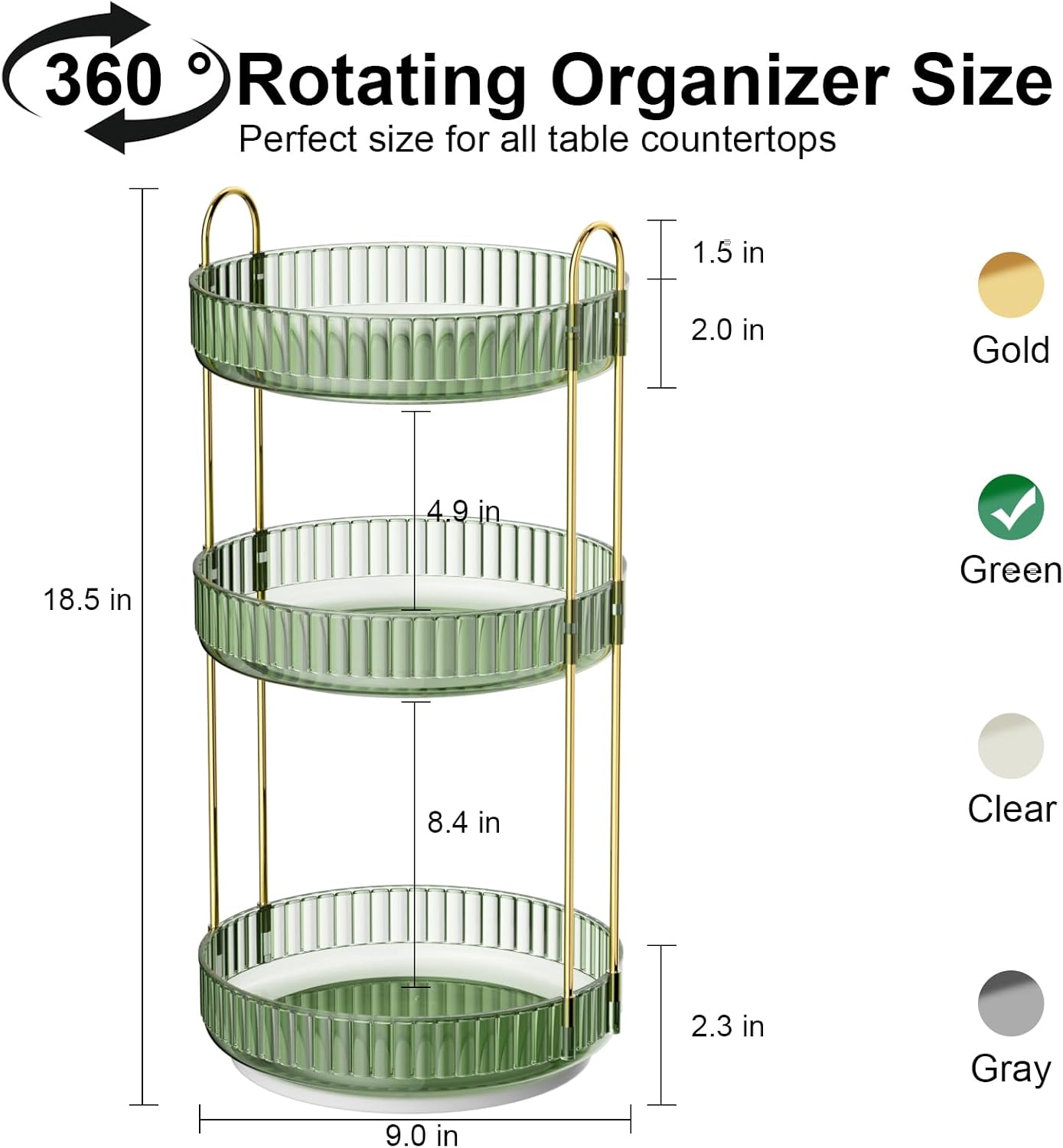 GTI 360°Rotating Makeup Organizer, 3 Tier Large Capacity Perfume Cosmetics Skincare Vanity Organizers,Bathroom Counter Organizer, Dresser Spinning Countertop Organizer and Storage for Women (Green)