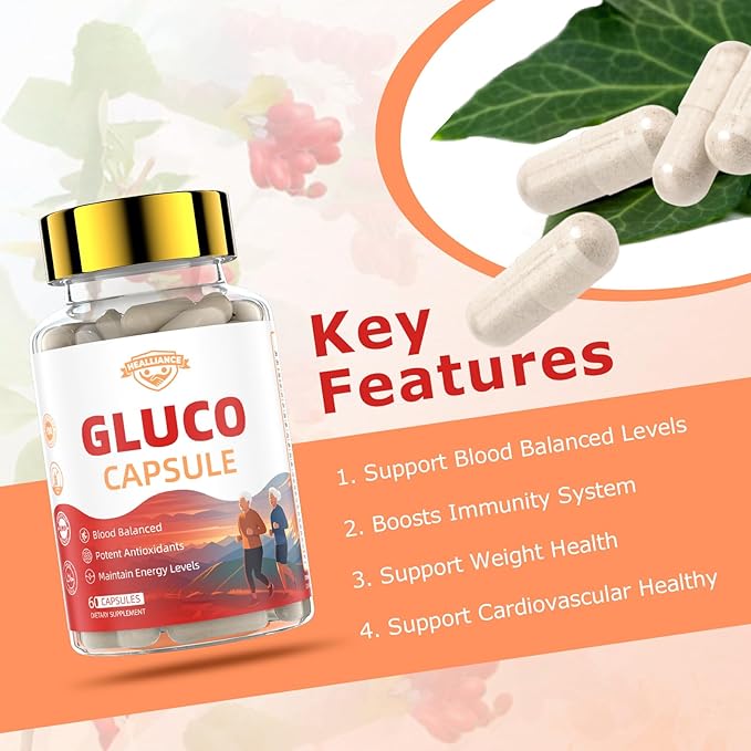 Gluco Blood Balance Capsule - Natural Healthy Glucoplus Supplement Gluco Revive Capsules for Support Metabolism Antioxidants and Maintain Energy with Berberine Bitter Melon Cinnamon (60 Capsules)